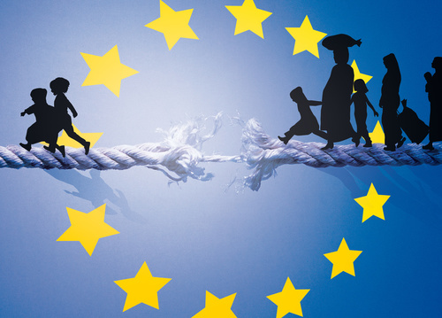 Flüchtlinge auf einem reißenden Seil, Hintergrund Sterne Europas